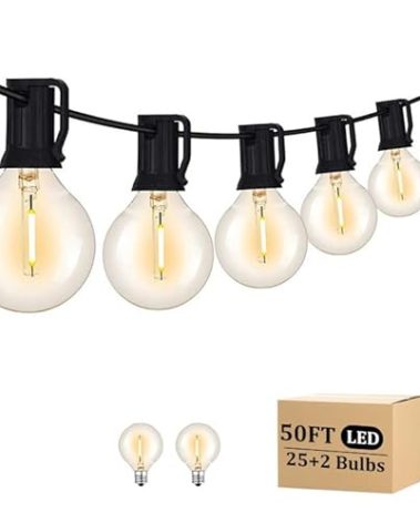 RYKUG 50FT LED Outdoor String Lights with 27 G40 Bulbs (2 Spare) Connectable Yard Hanging Lights for Party Tents Patio Gazebo Porch Deck Bistro Backyard Balcony Pergola Outside Decor