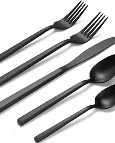 Alata Cube Black 20-Piece Forged Silverware Set Stainless Steel Flatware Set,Service for 4,Matte Satin Polished Cutlery Set,Dishwasher Safe