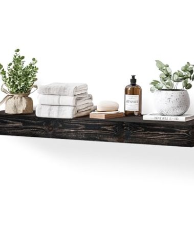 YLYHSST 48x3x7in Solid Wood Floating Shelf – Black Rustic Wall Mounted Fireplace Mantel Shelf – Heavy Duty Decorative Fireplace Mantel for Living Room, Kitchen, Bathroom, Bedroom