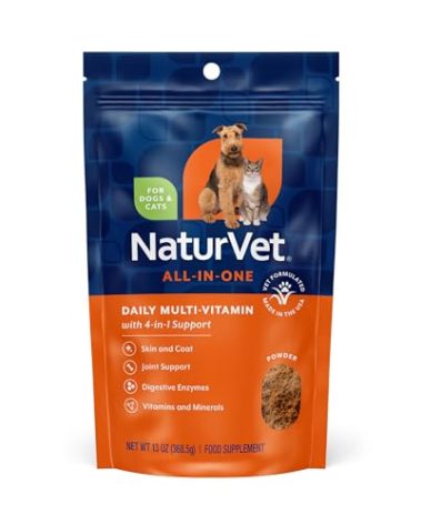 NaturVet All-in-One Dog Supplement - for Joint Support, Digestion, Skin, Coat Care – Dog Multivitamins with Minerals, Omega-3, 6, 9 – Wheat-Free Vitamins for Dogs – 13-Ounce Powder