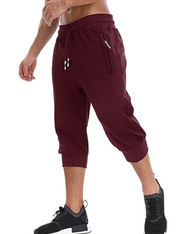 MAGNIVIT Mens Capri Jogger Long Training Zipper Pant for Running,Jogging,Exercise 3/4 Jogger Sweatpant Capri for Men Burgundy
