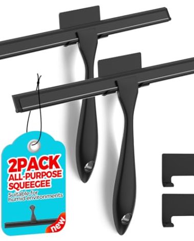 ALFLOD 2PACK 12-Inch All-Purpose Shower Squeegee for Shower Doors, Bath Linen Sets, Tile Shower Walls, Bathroom, Window, Glass and Car Windshield, Mirrors and Kitchen-Stainless Steel, Black