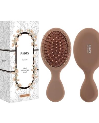 RHOS Mini Hair Brush for Women,Men and Kids-Travel Size Hair Brush for Purse,Pocket,backpack-Small Cushion Paddle Brush with Soft Bristles-Mini Detangler Brush for All Hair Types(1 Pack-Mocha)