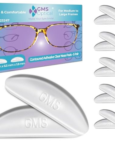 GMS Optical 1.8mm Reg-Thin/18mm Long Length- Anti-Slip Adhesive Contoured Silicone Nose Pads for Glasses & Sunglasses to Keep Glasses from Sliding Down Nose (5 Pair)(Clear)