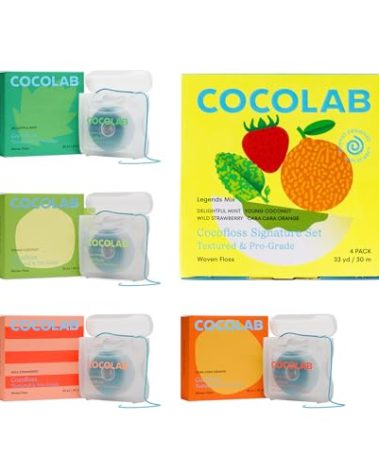 Cocofloss Woven Dental Floss, Dentist-Designed Oral Care, Waxed, Vegan, Kid-Friendly, with Coconut Oil, 4-Pack of Mint, Coconut, Orange, Strawberry (33 yard Each)