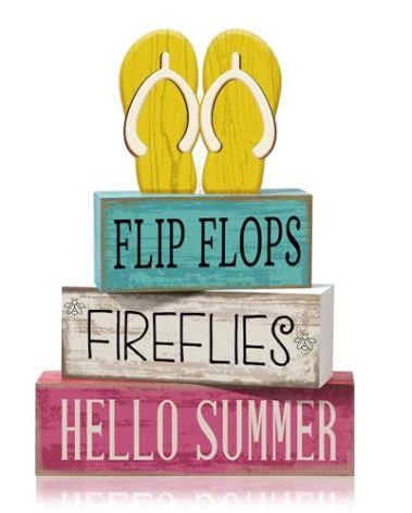 Yuntau 4 Pcs Summer Table Decorations Wooden Sign Flip Flops Table Centerpiece Summer Tiered Tray Decor Decorative Faux Book Stack Block for Coffee Fireplace Mantel Floating Shelf Hawaii