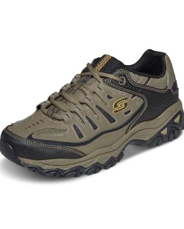 Skechers Men's Afterburn M. Fit Fashion Sneakers – Leather Upper, Memory Foam Insole, Rubber Outsole, Pebble/Black, 8.5 X-Wide