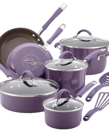 Rachael Ray Cucina Nonstick Cookware Pots and Pans Set, 12 Piece, Lavender Purple