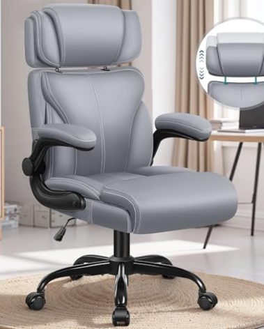 Office Chair, Ergonomic Big and Tall Computer Desk Chair with Retractable Adjustable Headrest, Executive Breathable Leather Chair, Lumbar Support Swivel PC Chair with Flip-up Armrests Rocking Function
