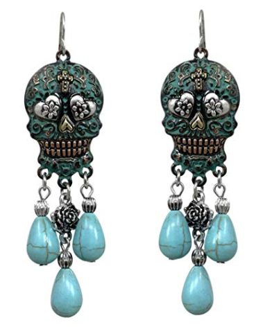 Turquoise Stone Dangling Sugar Skull Fish Hook Earrings (Large/Patina)