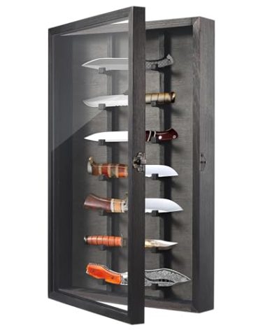 Triceratops Knife Display Case with Lockable Clear Acrylic Door, Wall Mount Wooden Knife Display Stand, Pocket Knife Display Cases for Storage, Collection, Holds up to 7 Knifes (Black)