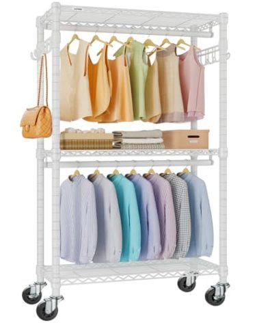 VIPEK R2 Medium Heavy Duty Clothes Rack Rolling Clothing Rack Adjustable Metal Wire Shelving Portable Closets with Double Hanging Rods, Side Hooks, Freestanding Closet Racks Wardrobe, White