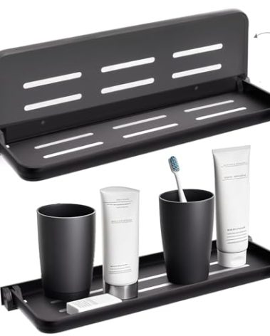 DEAYOU 2 Pack Folding Wall Shelf for Bathroom, 90° Fold Up Floating Shelf, Wall Mounted Drop Down Metal Shelves for RV, Campers, Laundry Room, Toilet Room, Kitchen, Waterproof, Space Saving, Black