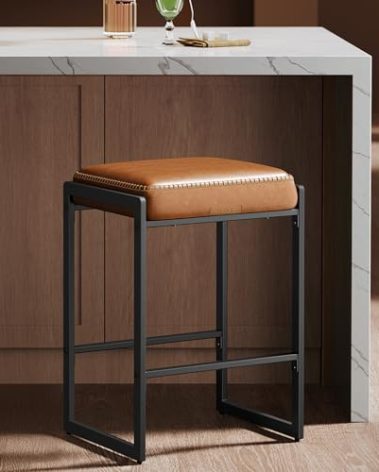 VASAGLE EKHO Collection - Bar Stool, Counter Height Bar Stool, Synthetic Leather with Stitching, Mid-Century Modern Counter Barstool, 26-Inch Tall, Kichen Home Bar Dining Room, Caramel Brown