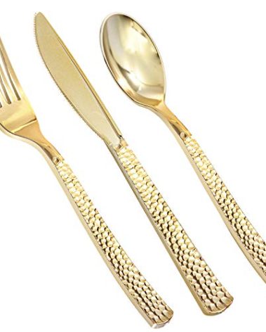 Supernal 360pcs Plastic Gold Silverware,Cutlery,Disposable Utensils,120 Plastic Knives,120 Gold Forks,120 Disposable Spoons,Perfect for Birthday,Party,Wedding