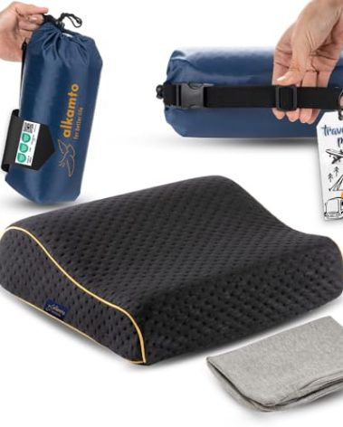 alkamto Travel & Camping Comfortable Memory Foam Pillow – Easy to Carry Portable Bag – Temperature Regulating Pillow Case (Black Contour + Extra Cover)