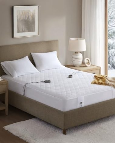 Beautyrest Cotton Blend Heated Mattress Pad Secure Comfort Technology - Luxury Quilted Electric Mattress Pad with Deep Pocket - 5-Setting Heat Controllers, Queen, White