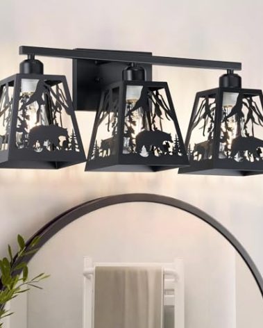 Monyohame Farmhouse Rustic Bear Bathroom Light Fixtures, 3-Light Openwork Engraved Grid Metal Shade-Bathroom Wall Lamp for Bathroom, Living Room, Hallway, Kitchen, Cabinet, Porch
