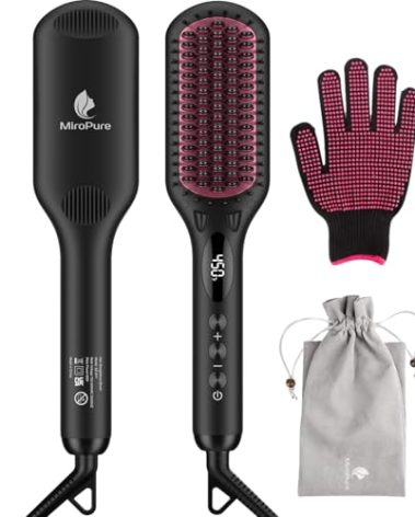 Enhanced Ceramic Hair Straightener Brush by MiroPure, 2-in-1 Ionic Straightening Brush with Anti-Scald Feature, Auto Temperature Lock & Auto-Off Function (Black)