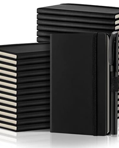 Laumoi 36 Sets Pocket Notebook Journals with Pens A6 Cute Small Journal Notebook Ruled Lined Mini Notepad Hardcover Executive Notebooks Set with Pen Holder for School Office, 3.7 x 5.7 Inch (Black)