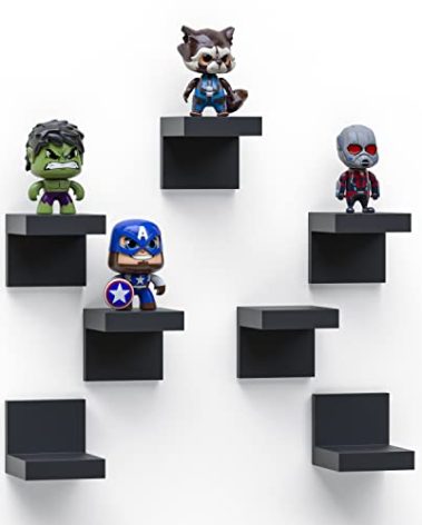 7-Pack Small Floating Shelves for Wall by RicherHouse, Plastic Black Shelf 4 Inch Display Ledges Room Decor, Mini with 2 Types of Installation (Adhesive or Screw)