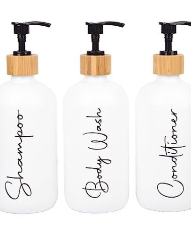 Glass Shampoo and Conditioner Pump Bottles Soap Dispenser Bamboo Pump Head Empty Glass Refillable Shampoo Conditioner Body Wash Soap Bottles for Bathroom, 17 oz, 3 Pack, White