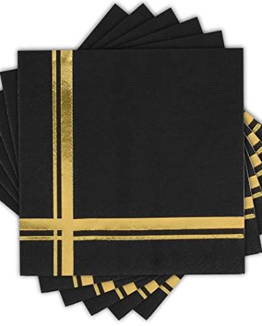 Fanxyware Gold on Black Cocktail Napkins - 100 Pack, 5" x 5", 3-Ply Paper - Style Name: Blissful Crossing