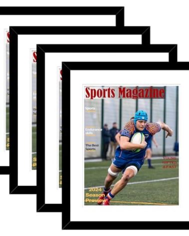 4 Pack Sports Magazine Frame Display 8.5 x 11.25 or 8.25 x 11 Magazine with 2 Sizes Mat, or 11x14 Photos without Mat, Magazine Display Frame with Shatter Resistant Plexiglass for Wall Hanging, Black