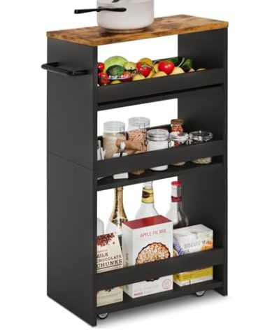 TEAMIX 4 Tier Slim Storage Cart with Handle, Slide Out Storage Rolling Utility Cart Mobile Shelving Unit Organizer Trolley for Small Spaces Kitchen Laundry Narrow Places (Black+Brown, 7-7/8'' W)