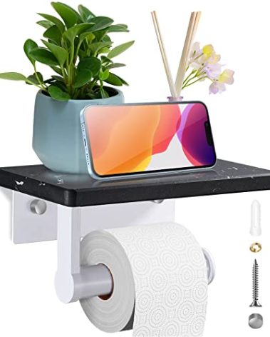 Natural Marble Toilet Paper Holder with Shelf-Toilet Paper Bathroom Fixture Hardware Parts with Premium 304 Stainless Steel Base Handle, Sturdy &Rustproof, Modern Style, Perfect for Bathroom Washroom