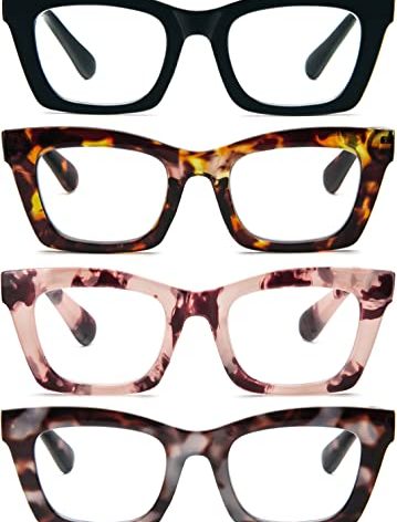 REAVEE 4 Pack Oprah Style Reading Glasses Blue Light Blocking Computer Square Readers for Women with Spring Hinge 0.5