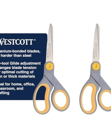 Westcott 8-Inch Titanium-Bonded Scissors with Adjustable Glide Feature for Office and Home - Gray/Yellow, 2-Pack