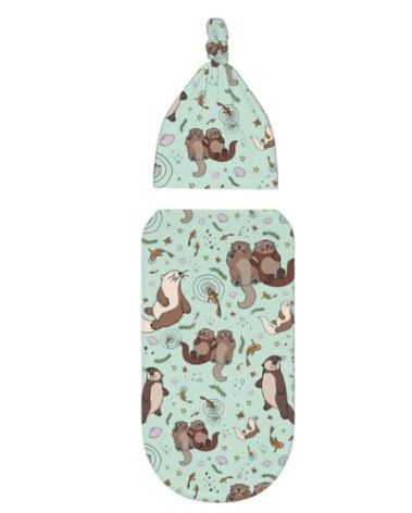 Cute Sea Otters Newborn Swaddle Blankets Beanie Hat Sets, Soft Otter Baby Stuff Blanket Swaddle Sack for Baby Shower Infant Boy and Girl Gift