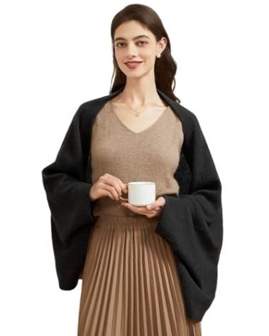 BRYCTSISEN Women's Lightweight Wool Shawl Wrap Scarf with Sleeves Outer Warm Knitted Open Front Poncho Cape Fall Winter (90% Wool+10% Nylon, Black)
