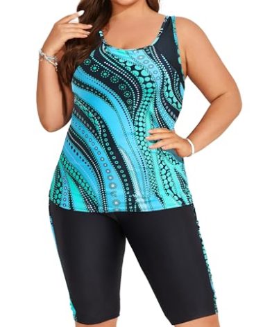 Hanna Nikole Plus Size Women's Two-Piece Swimsuits Rash Guard Loose Fit Swimwear Athletic U Neck Bathing Suits with Boyshorts Blue Ripples 24 Plus
