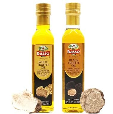 BASSO 1904 Black & White Truffle Oil Set – 2 Bottles x 8.5 fl oz (250ml) – High-Concentration Italian Extra Virgin Olive Oil with Real Black Winter & White Alba Truffles – Gourmet Finishing Oil for Pasta, Risotto & Pizza – Imported from Italy