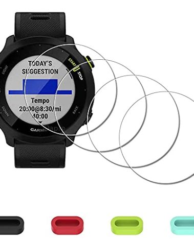 iDaPro Screen Protector for Garmin Forerunner 55 45 45S Smartwatch[4Pcs] + Silicone Anti-dust Plugs[4Pcs], Tempered Glass,9H Hardness,Anti-Scratch,Anti-Bubble,Easy Installation.