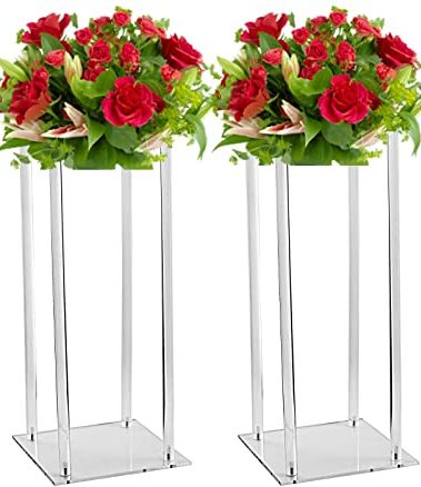 2 Pcs Acrylic Clear Vases for Wedding Centerpieces, 23.62in Tall Flower Vases, Engagement Home Party Table Decor Centerpiece Vases, Rectangular Acrylic Flower Stand with 10 Pcs Gold Napkin Rings