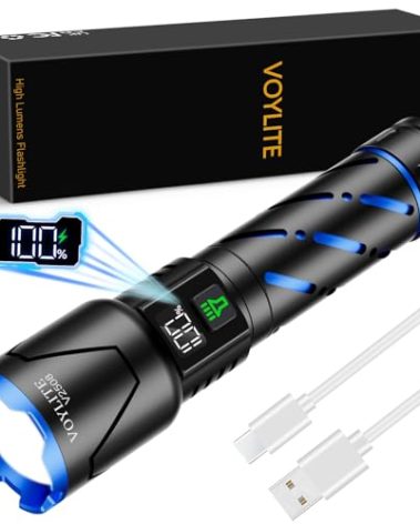 Voylite Rechargeable Flashlights High Lumens - 10000 LM, 5000mAh Battery with LCD Display, 3 Modes, Zoomable & IP67 Waterproof - for Camping, Dog Walking, Emergencies