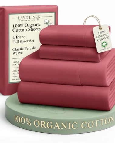 LANE LINEN 100% Organic Cotton Bed Sheets Full Size, Fully Elasticized Sustainably Produced Soft & Comfy, Machine Washable Naturally Cooling Full Sheet Deep Pocket Bedding - Mineral Red