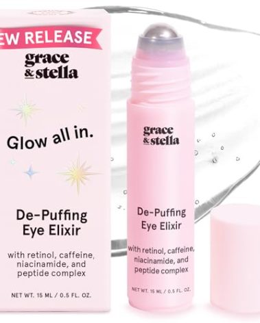grace & stella Under Eye Brightener Roller - Airplane Travel Essentials - Travel Size Toiletries - Retinol & Caffeine Eye Serum for Puffiness, Dark Circles, Wrinkles - Vegan Skincare (15ml / 0.51floz)