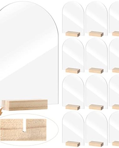 Yalikop 12 Pack Acrylic Sign Holder with Wood Base DIY Signs Acrylic Table Numbers Modern Signs Plaque Vertical Table Decor for Wedding, Restaurant, Store, Office, Hotel(5 x 7 Inch)