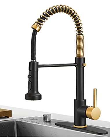 Hoimpro Matte Black&Brushed Gold Spring Kitchen Faucet with Pull Down Sprayer, Rv Paint Kitchen Sink Faucets with Pull Out Sprayer,3 Function Single Handle Laundry Faucet Single 3 Hole