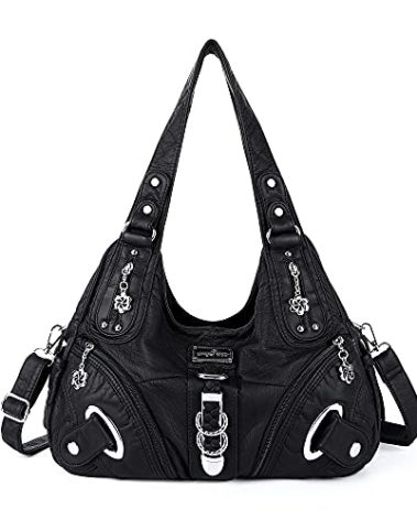Angelkiss Women Multiple Pockets Purses and Handbags Washed Leather, Two Top Zippers Closure, Black