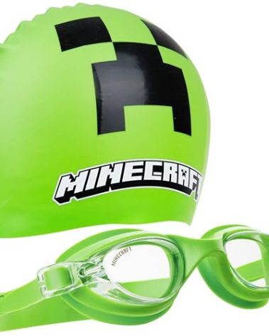 Get Trend Swim Goggles and Swim Cap Kids Teens Anti Fog UV Protection Swimming Goggles (Green Minecraft, 6-14 Years)