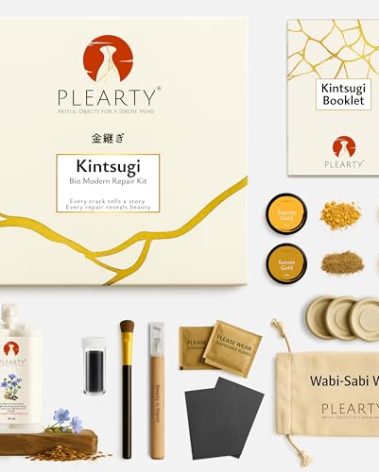 PLEARTY Kintsugi Repair Kit Food-Safe Linseed Resin Dishwasher Proof 20g Metallic Gold Mica Powder Detailed Booklet Modern Kintsugi kit for Beginners Japanese Art Gold Repair Kit