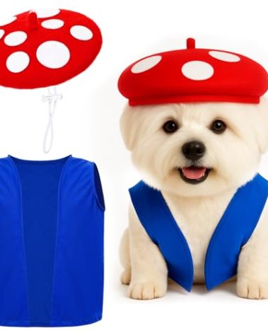 Huhumy Halloween Mushroom Pet Costume Set Spotted Mushroom Hat and Blue Vest Funny Cosplay Outfits for Halloween Cosplay Costumes