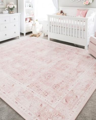 LIMON HOME Light Pink Nursery Area Rug 6x9 for Bedroom Girls,Washable Baby Blush Pink Boho Floral Rug,Super Soft Faux Wool Machine Washable Carpet Area Rugs for Kids Room Playroom