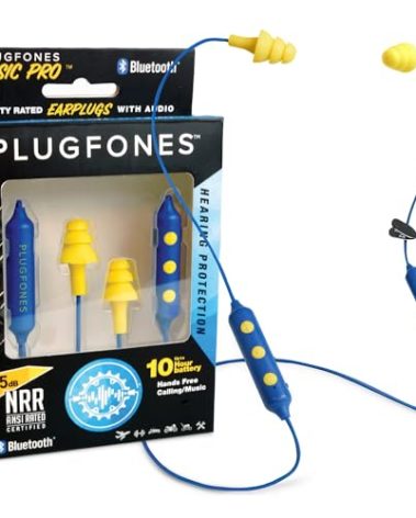 Plugfones Basic Pro Earplug Headphones Wireless Bluetooth in-Ear Earplug Earbuds 25 dB Noise Reduction Rating OSHA Compliant Hearing Protection with Noise Isolating Mic and Controls (Blue & Yellow)