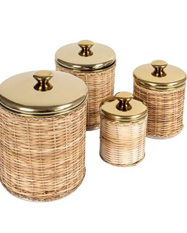 Creative Co-Op Rattan Wrapped Stainless Steel Canisters, Set of 4, Brass Finish